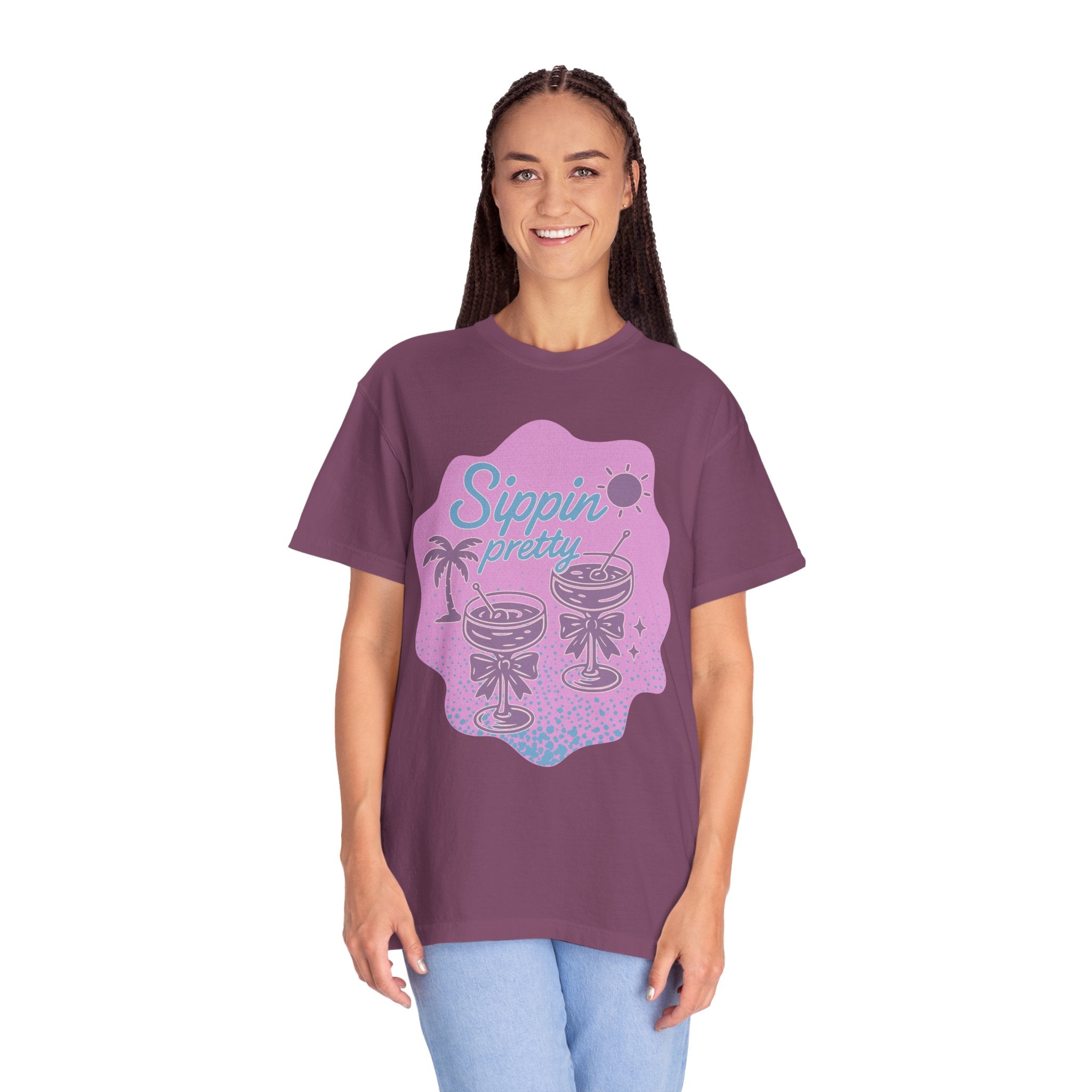 T-Shirt — "Sippin' Pretty" Tropical Cocktail Textured Graphic Tee
