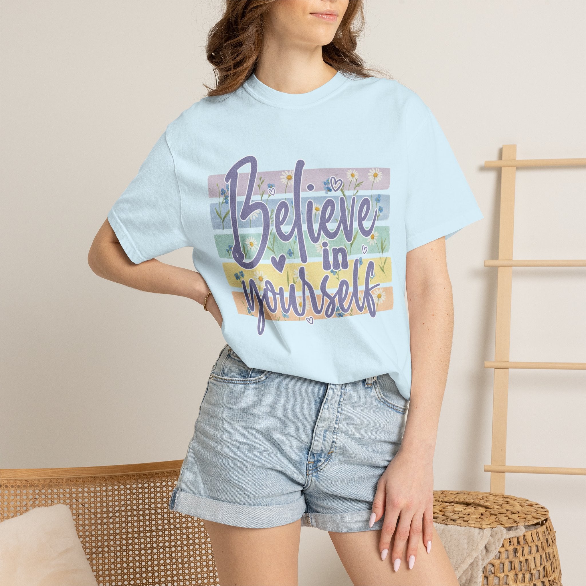 Textured Believe in Yourself T‑Shirt — Pastel Stripes Inspirational Tee