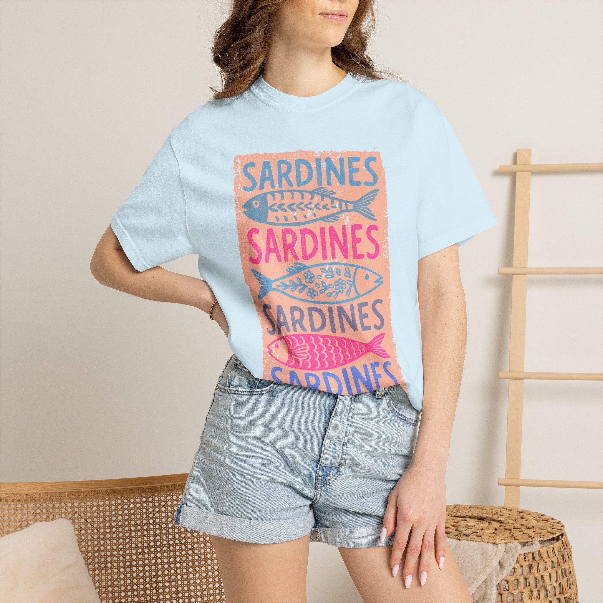 Sardines Textured Graphic T-Shirt — Retro Fish Print Tee