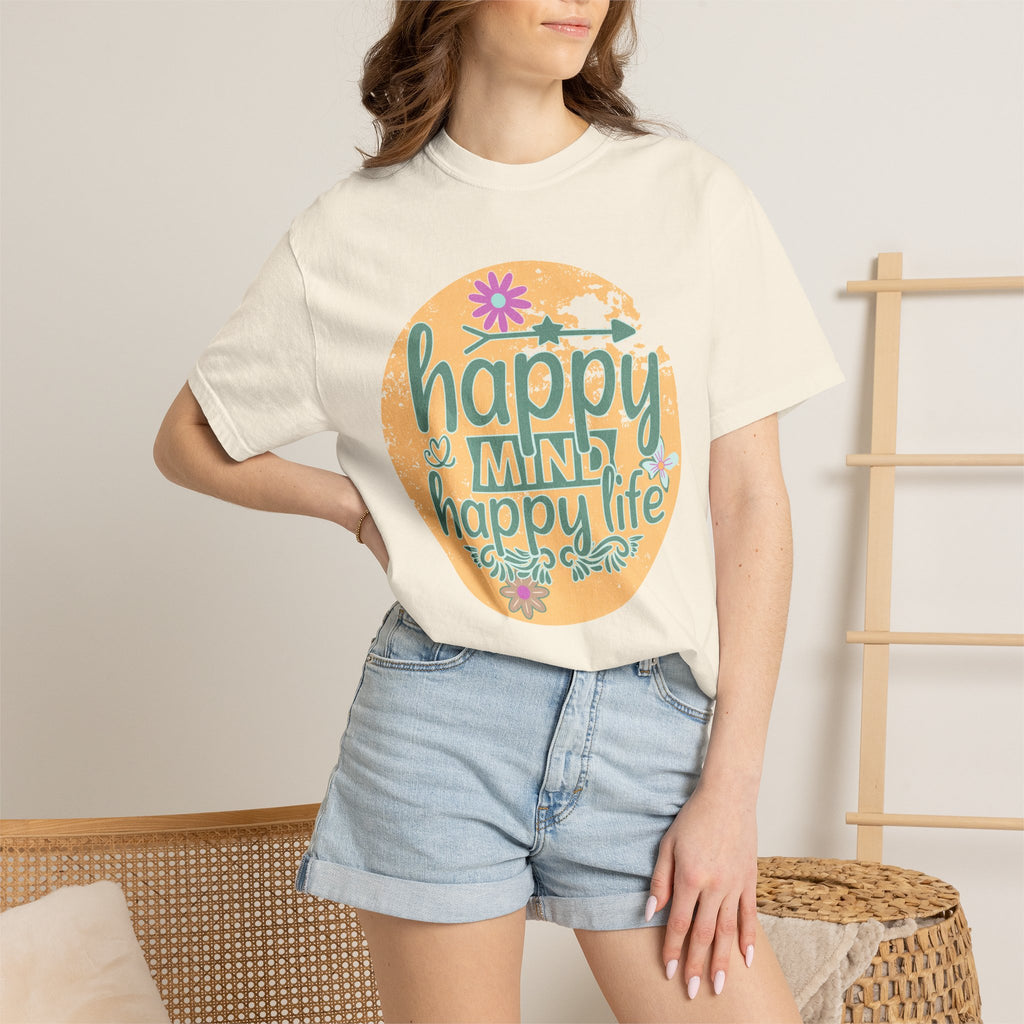 Happy Mind Happy Life Textured T-Shirt — Positive Vibes Floral Graphic Tee