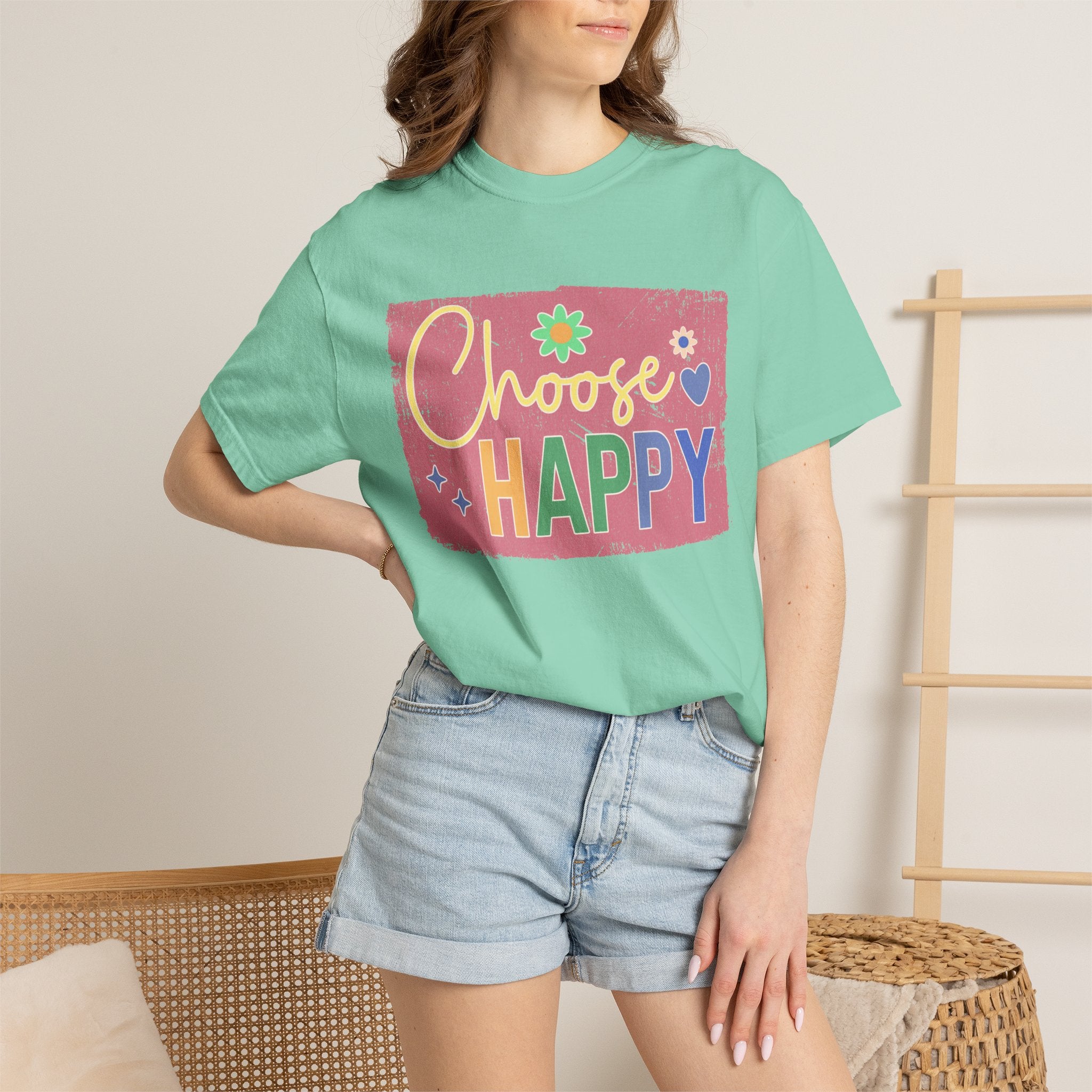 Choose Happy Textured T-Shirt – Retro Floral Positive Vibes Tee