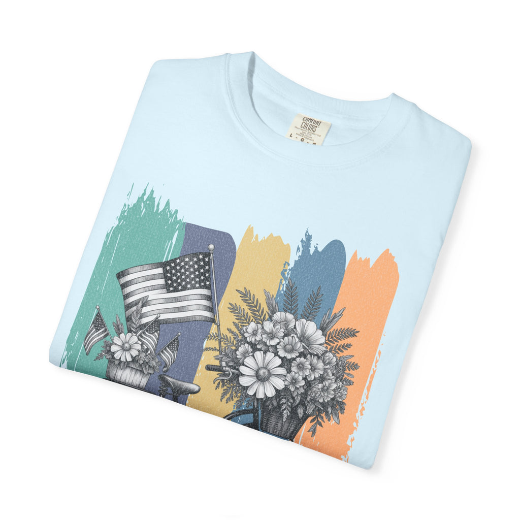 Textured Vintage Bicycle Bouquet T-Shirt — Americana Floral Bike Tee