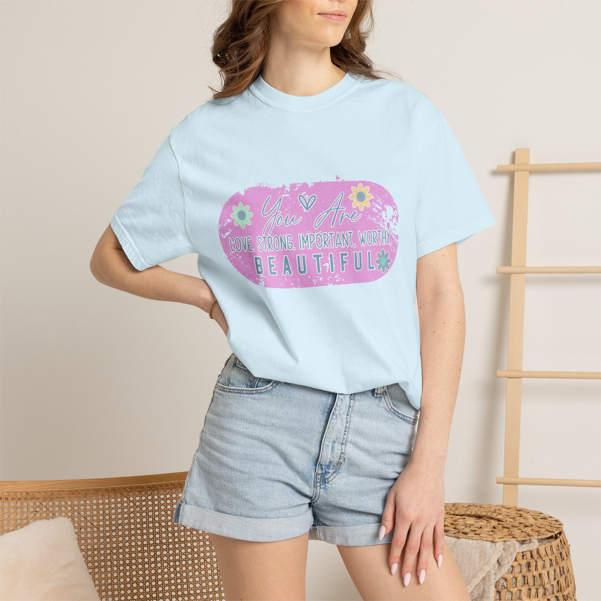 Textured T-Shirt — She is Brave, Strong, Worthy, Beautiful Floral Graphic Tee