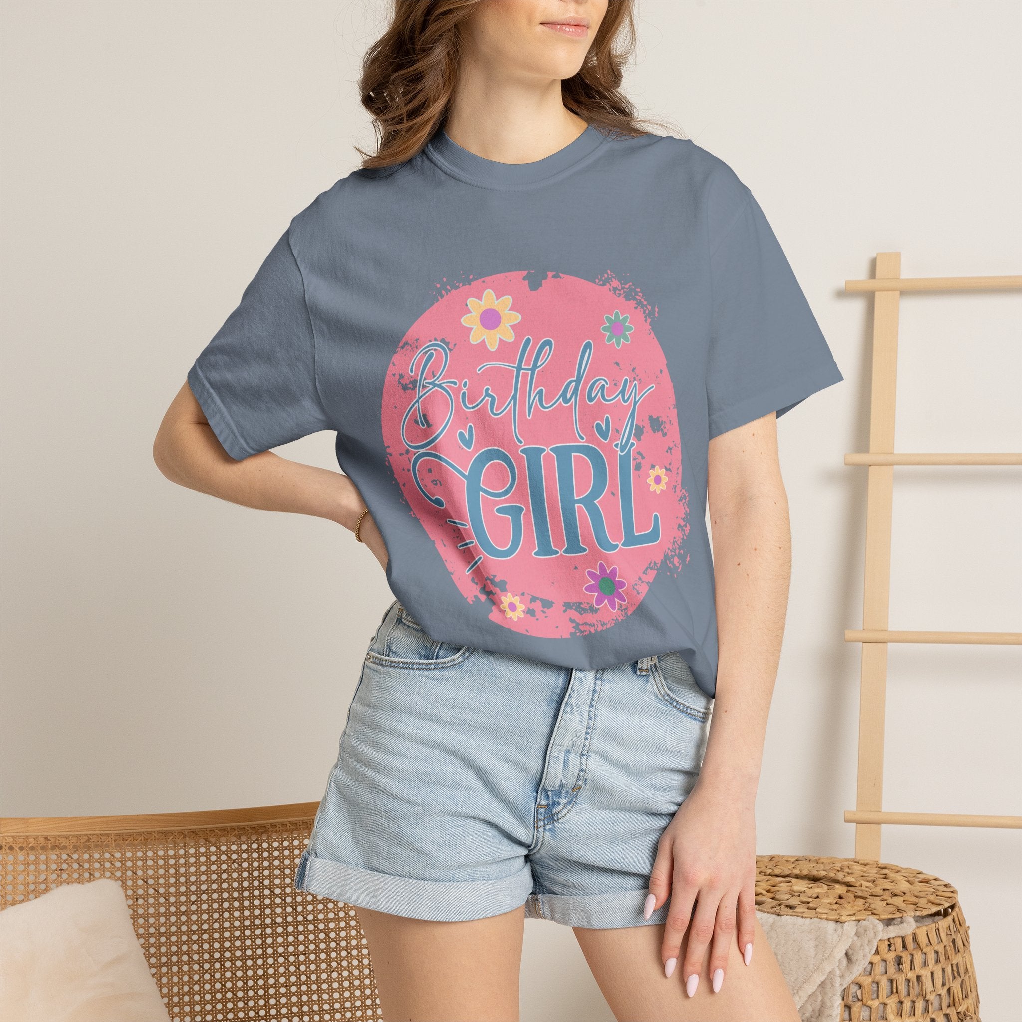 Birthday Girl Textured T-Shirt — Floral Pink Celebration Tee