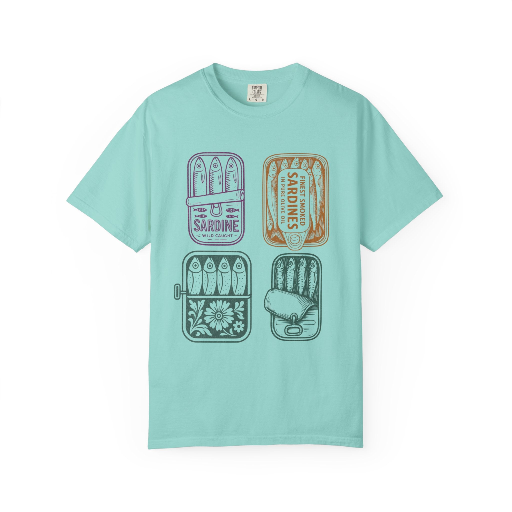 Sardine Tin Graphic Textured T-Shirt — Vintage Seafood Illustration Tee