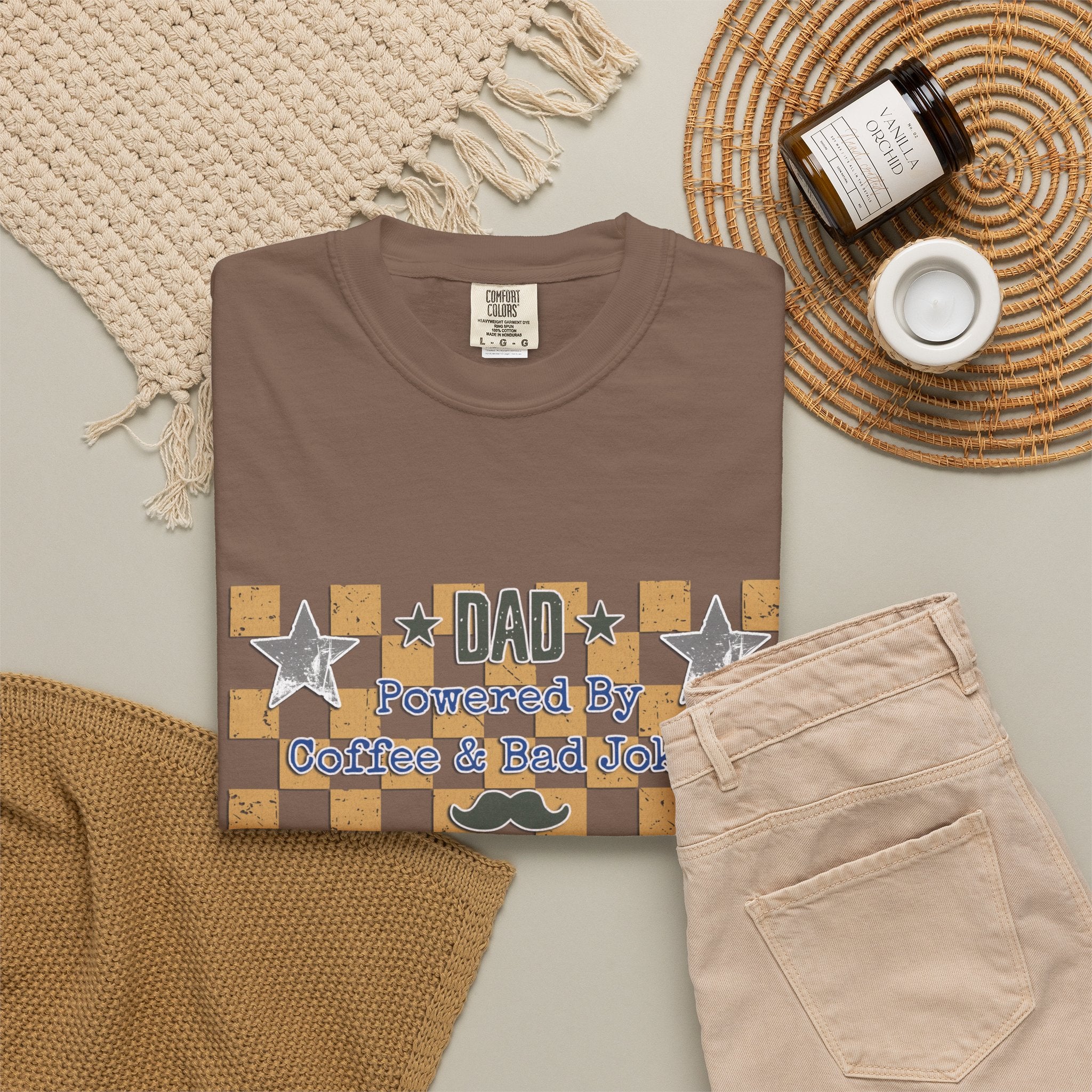 Dad Powered By Coffee & Bad Jokes Textured T-Shirt — Funny Fathers Day Gift