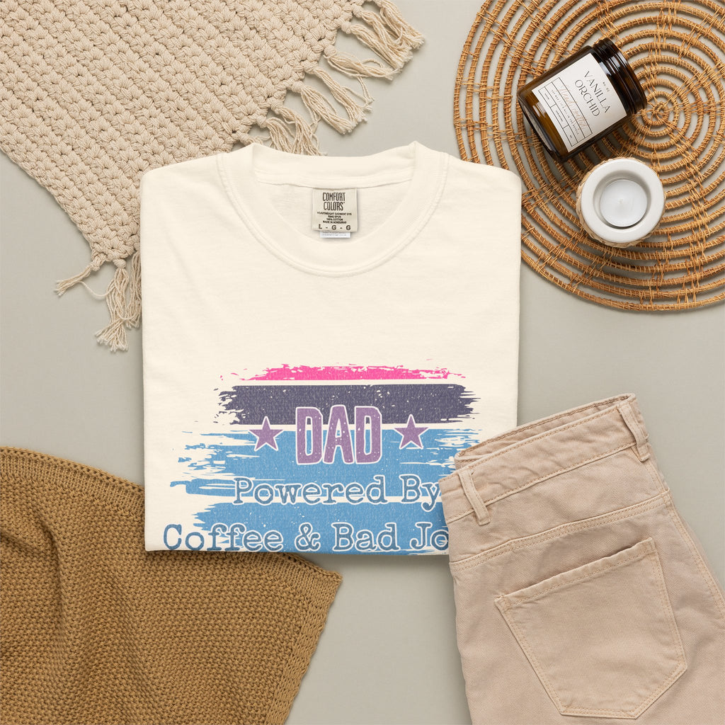 Textured Dad T-Shirt - "Powered By Coffee & Bad Jokes" Vintage Stripe Father's Day Tee