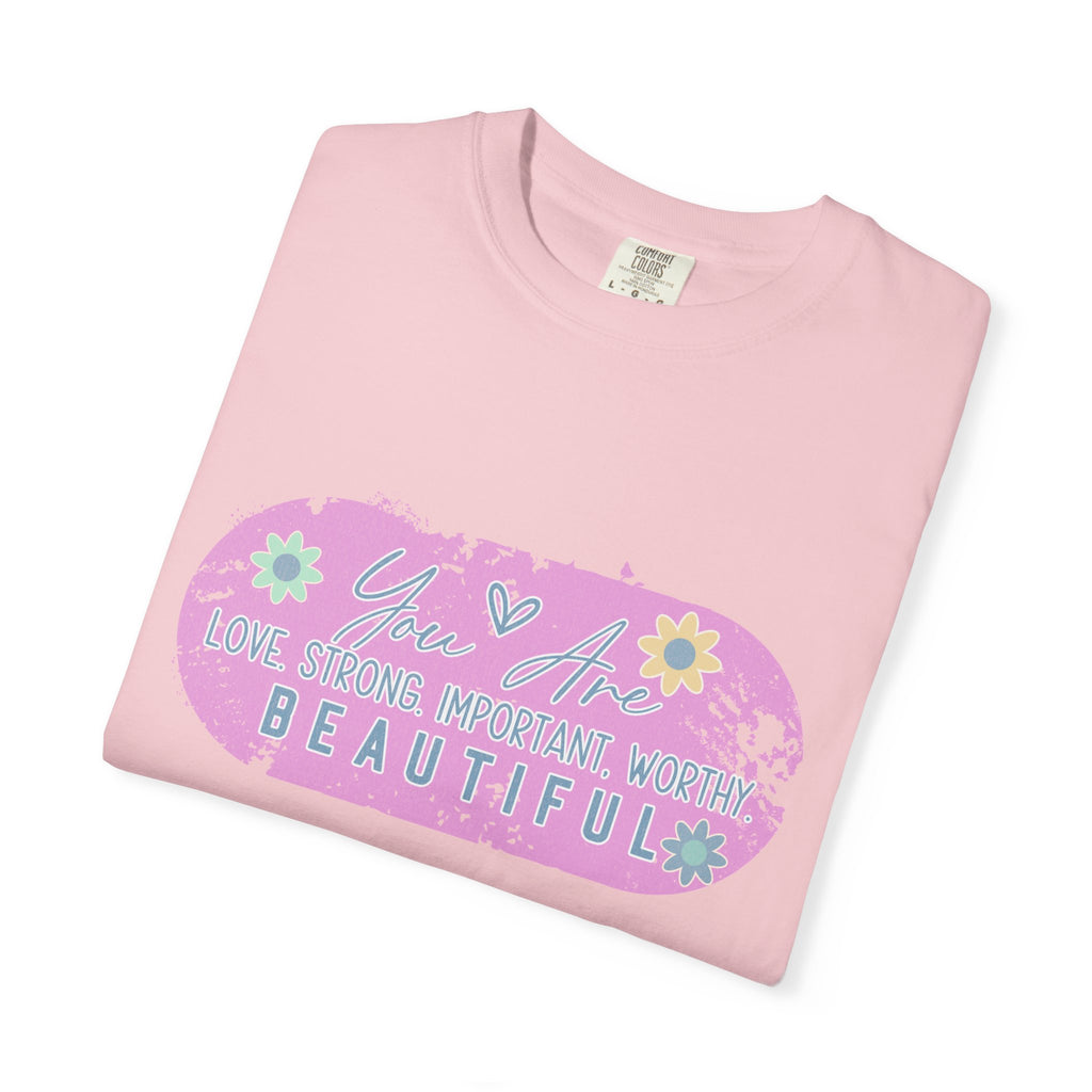 Textured T-Shirt — She is Brave, Strong, Worthy, Beautiful Floral Graphic Tee