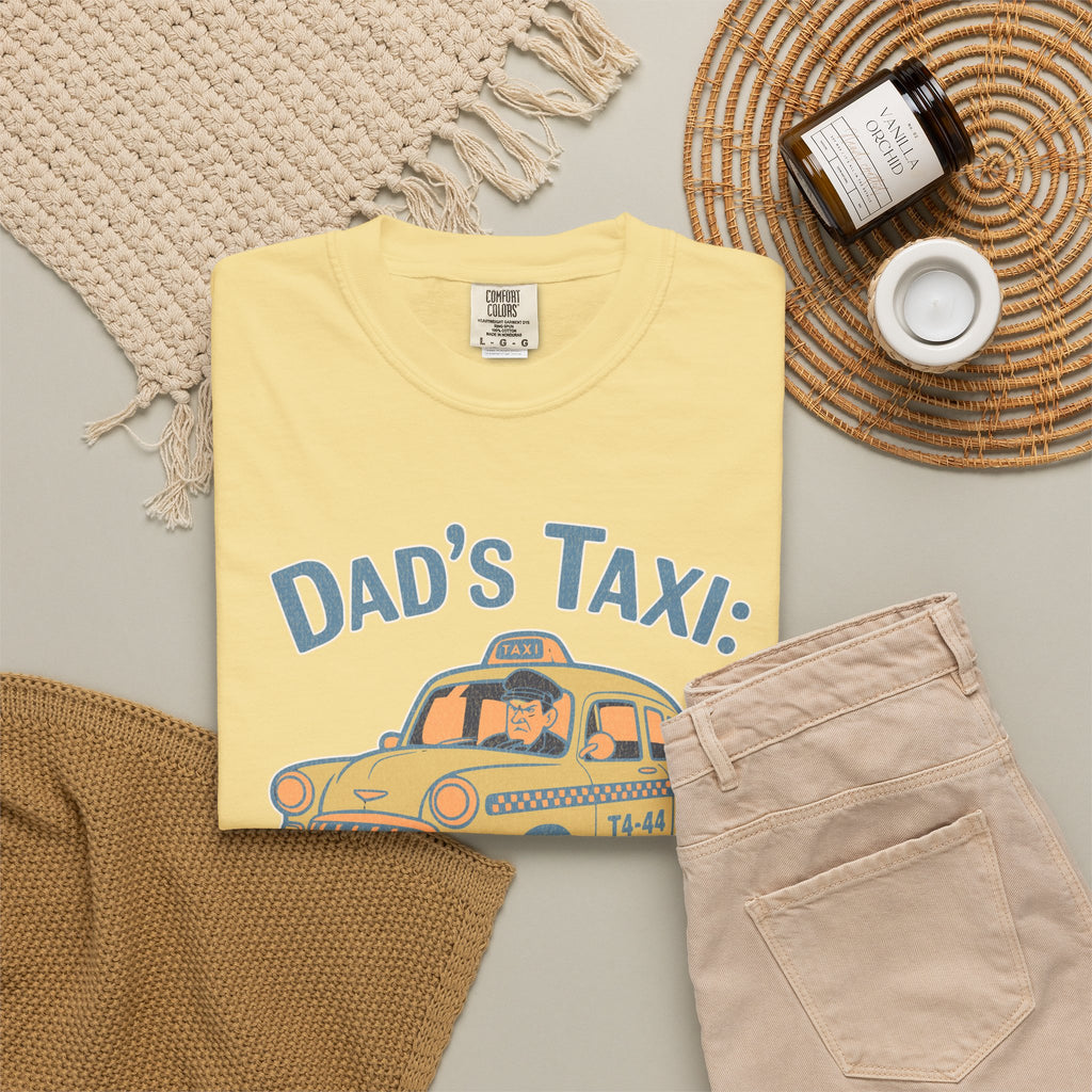 Textured Dad's Taxi T-Shirt — "This Ride Includes Unwanted Life Advice" Funny Father's Day Tee