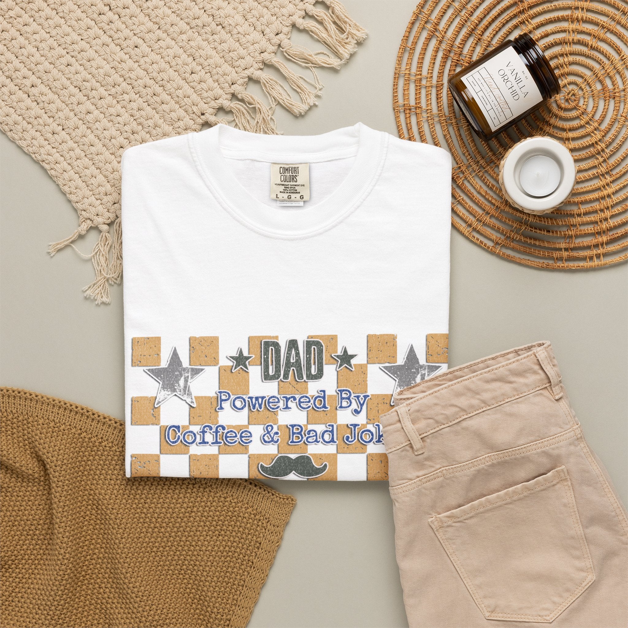 Dad Powered By Coffee & Bad Jokes Textured T-Shirt — Funny Fathers Day Gift