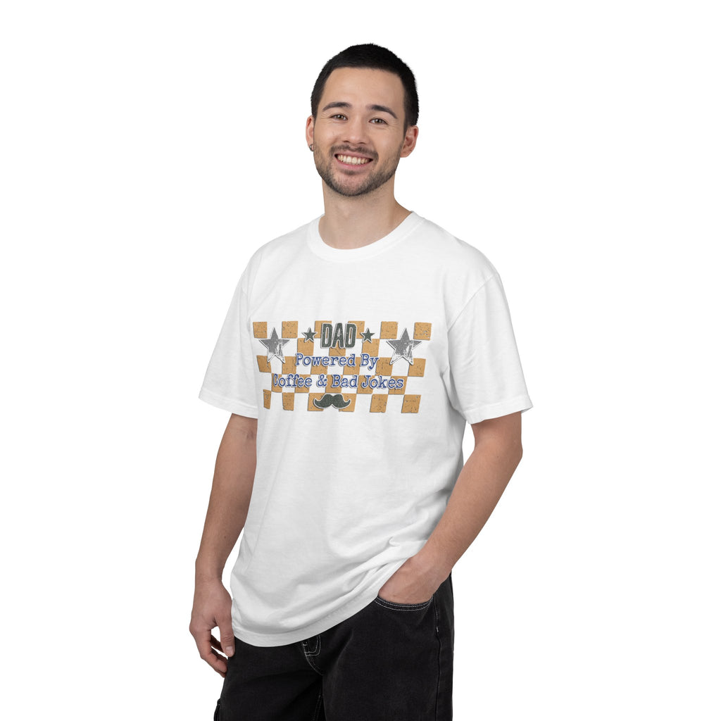 Dad Powered By Coffee & Bad Jokes Textured T-Shirt — Funny Fathers Day Gift