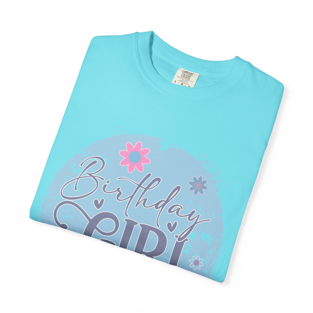 Birthday Girl Textured T-Shirt — Floral Blue Circle Graphic