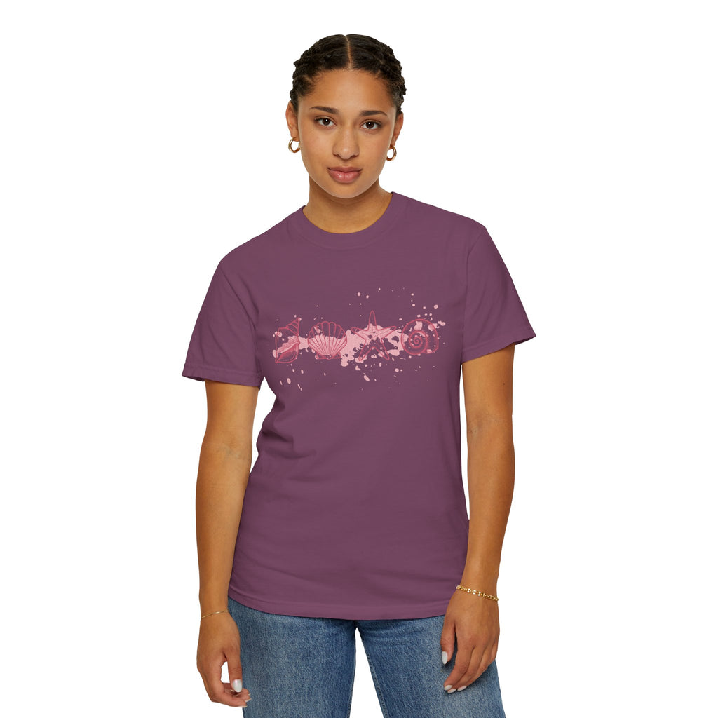 Textured Seashell Line Art T-Shirt — Pink Coastal Shells Graphic Tee