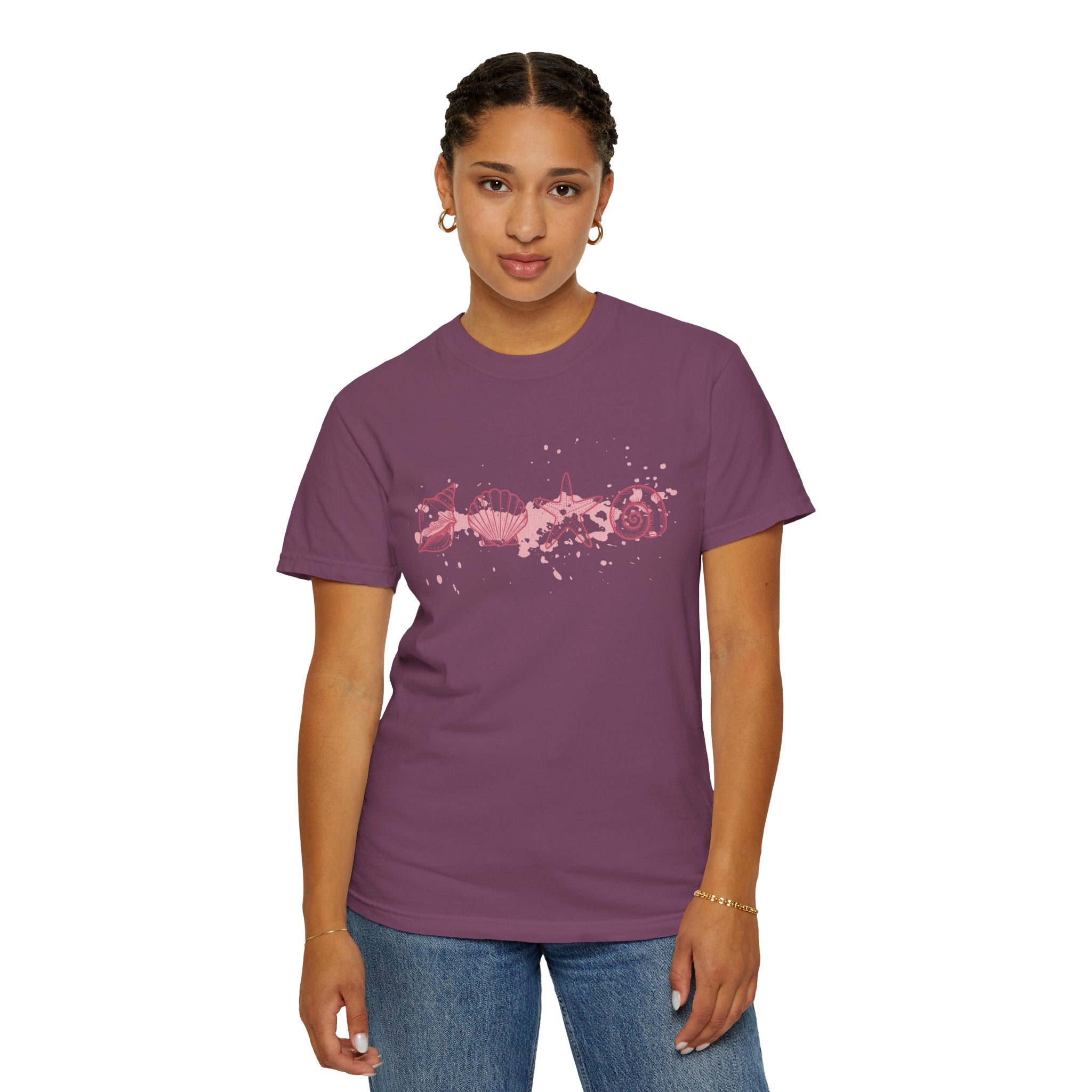 Textured Seashell Line Art T-Shirt — Pink Coastal Shells Graphic Tee