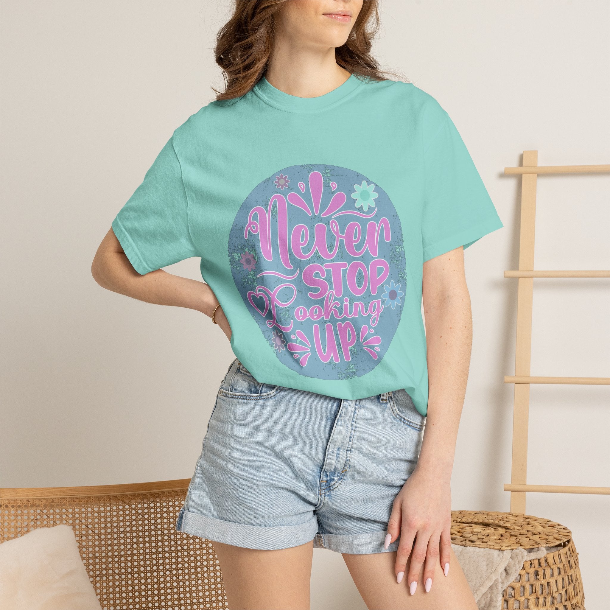 Textured T-Shirt — "Never Stop Looking Up" Inspirational Graphic Tee