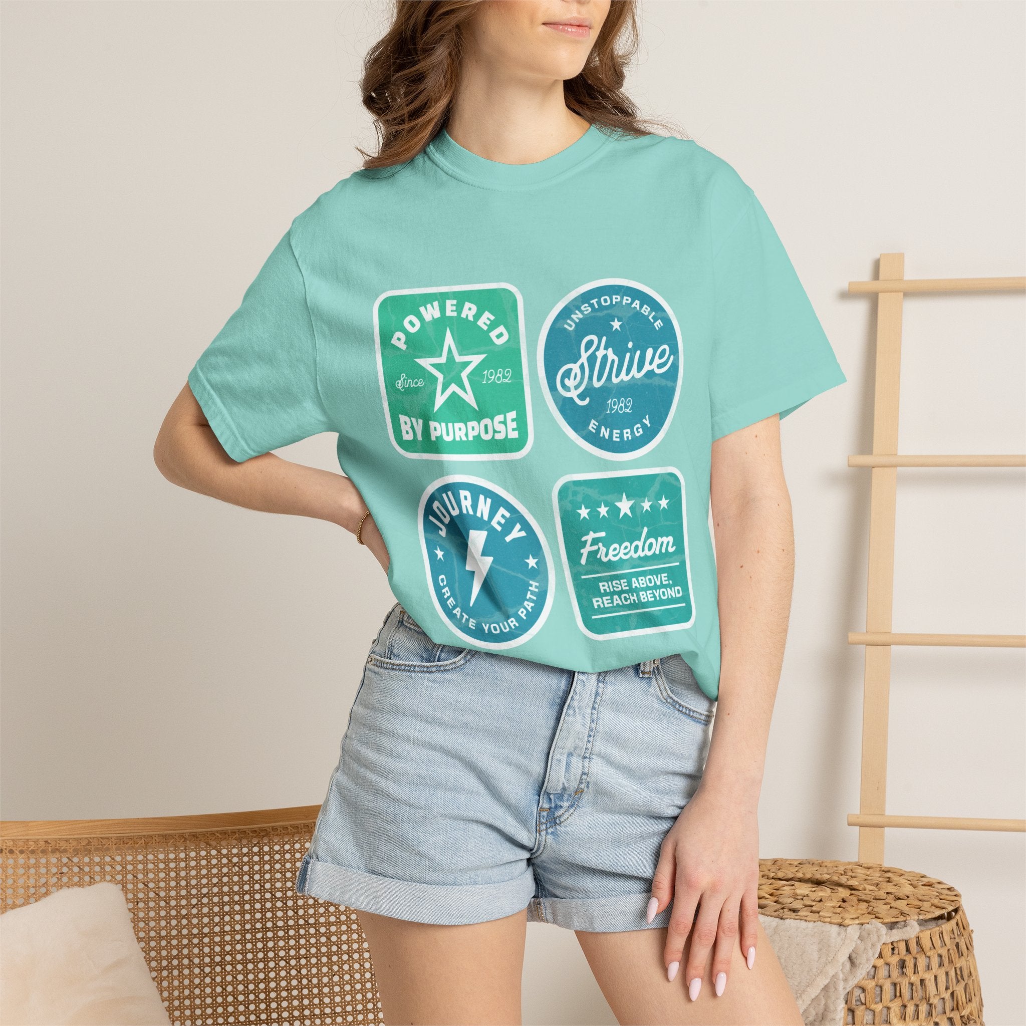 Motivational Badge Graphic Textured T-Shirt — "Powered by Purpose, Strive, Journey, Freedom"