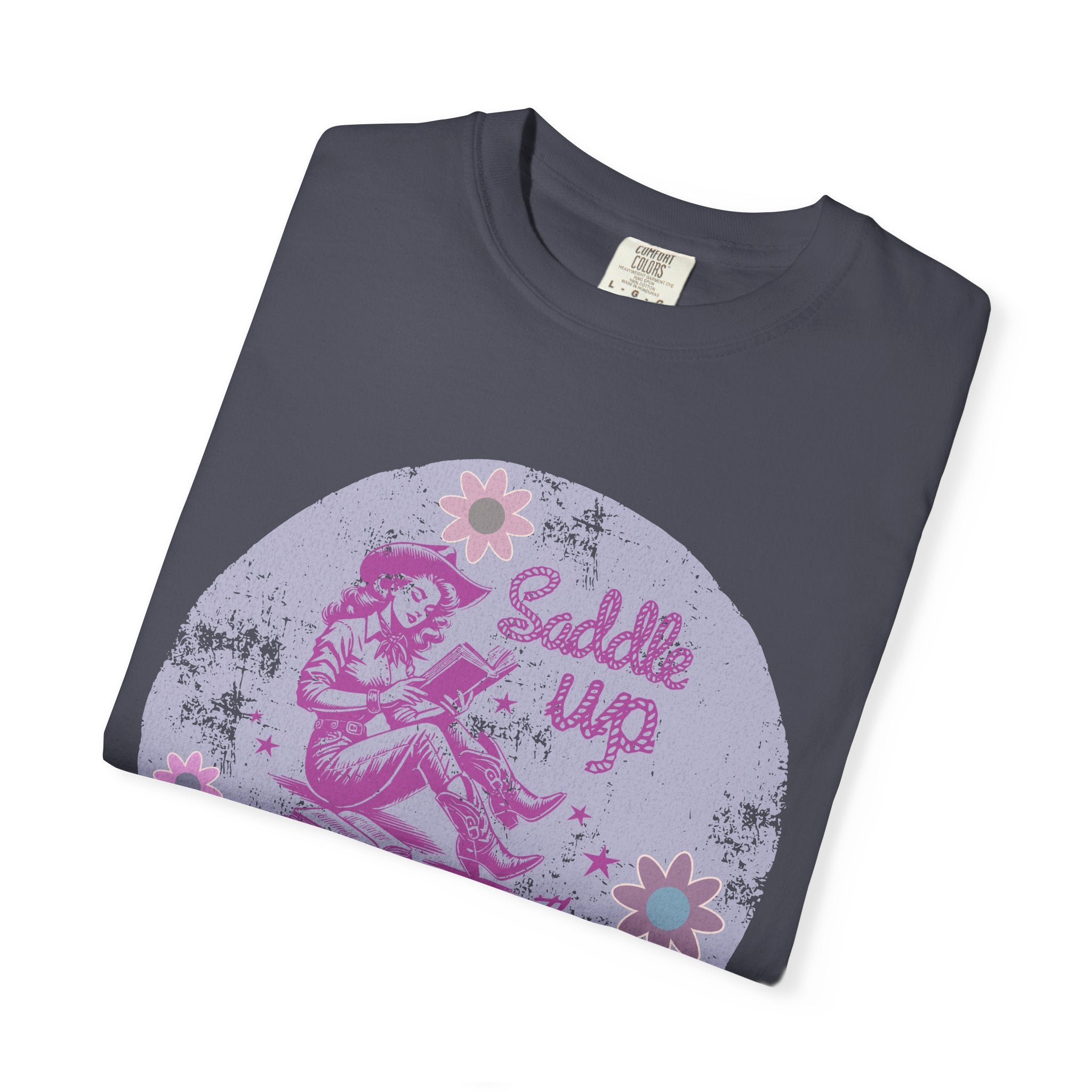 Textured T-Shirt — “Saddle Up Good Book” Retro Western Graphic Tee