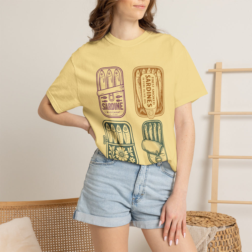 Sardine Tin Graphic Textured T-Shirt — Vintage Seafood Illustration Tee