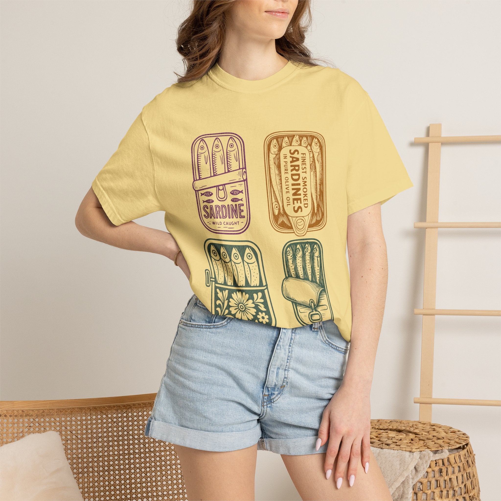 Sardine Tin Graphic Textured T-Shirt — Vintage Seafood Illustration Tee