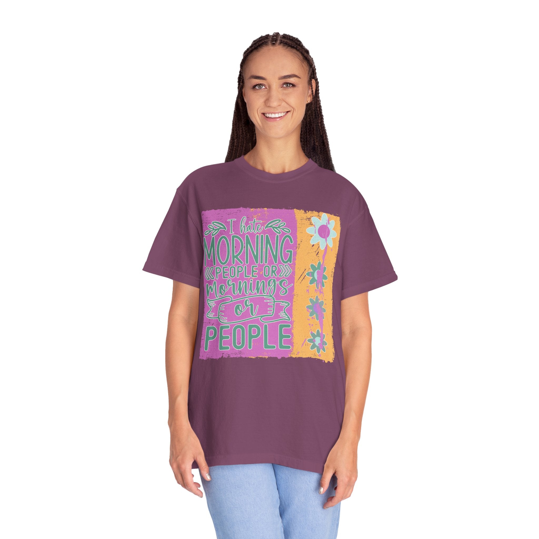 Graphic Textured T-Shirt — “Not a Morning Person” Retro Floral Block Design