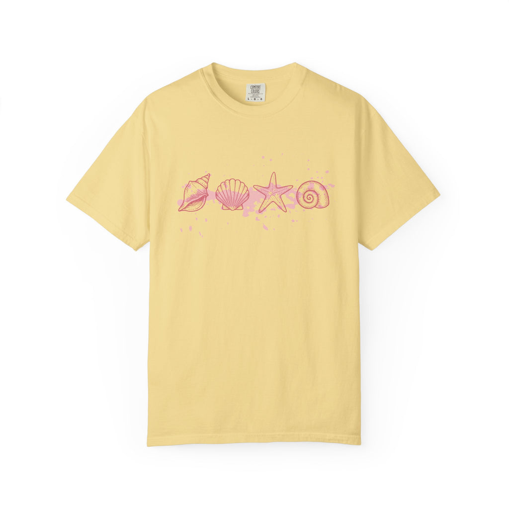 Textured Seashell Line Art T-Shirt — Pink Coastal Shells Graphic Tee