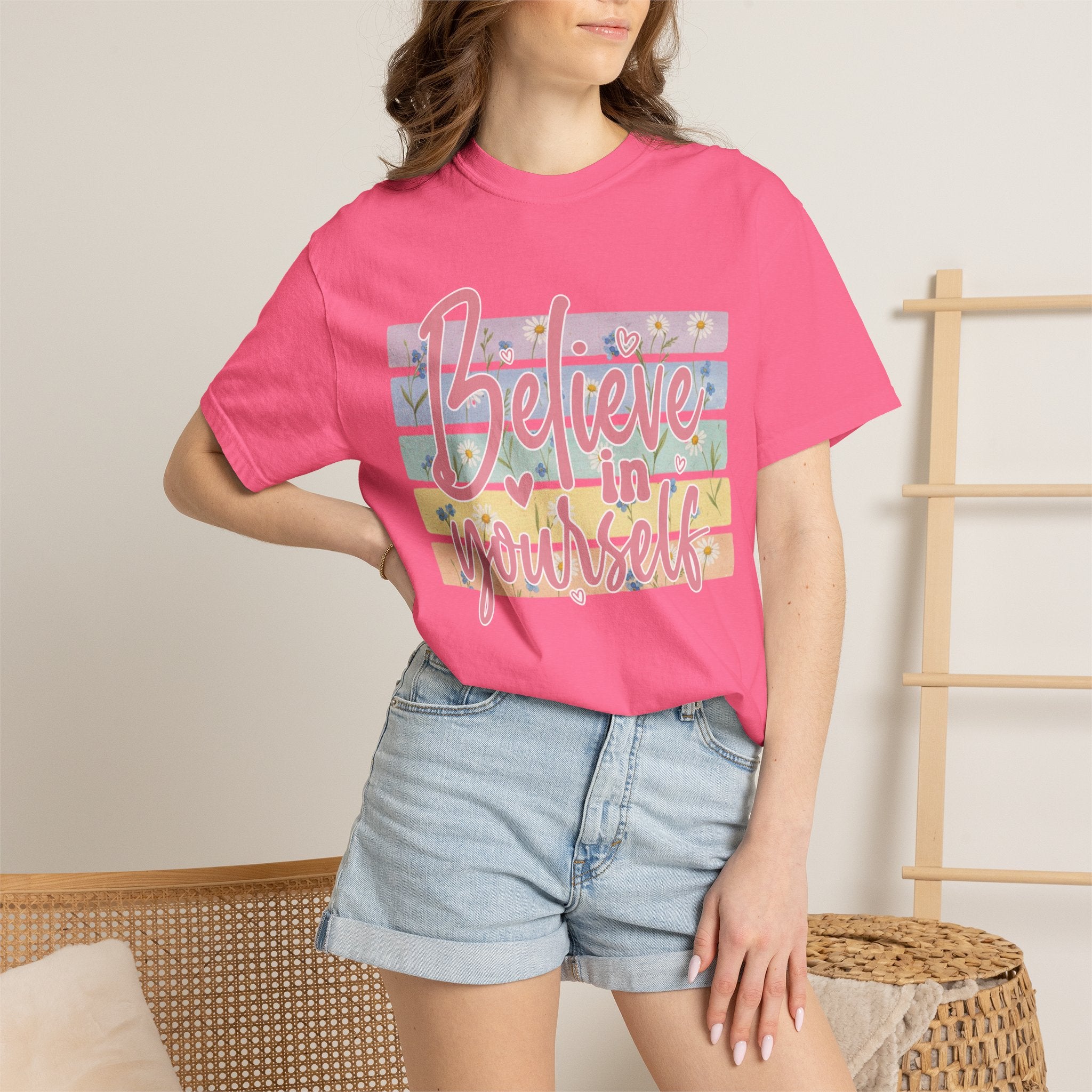 Textured Believe in Yourself T-Shirt — Pastel Floral Inspirational Tee