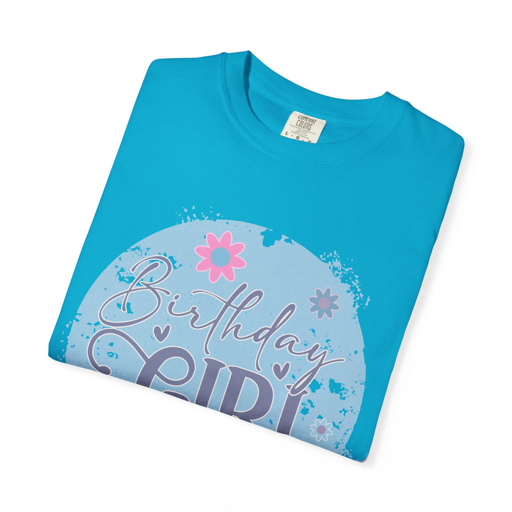 Birthday Girl Textured T-Shirt — Floral Blue Circle Graphic