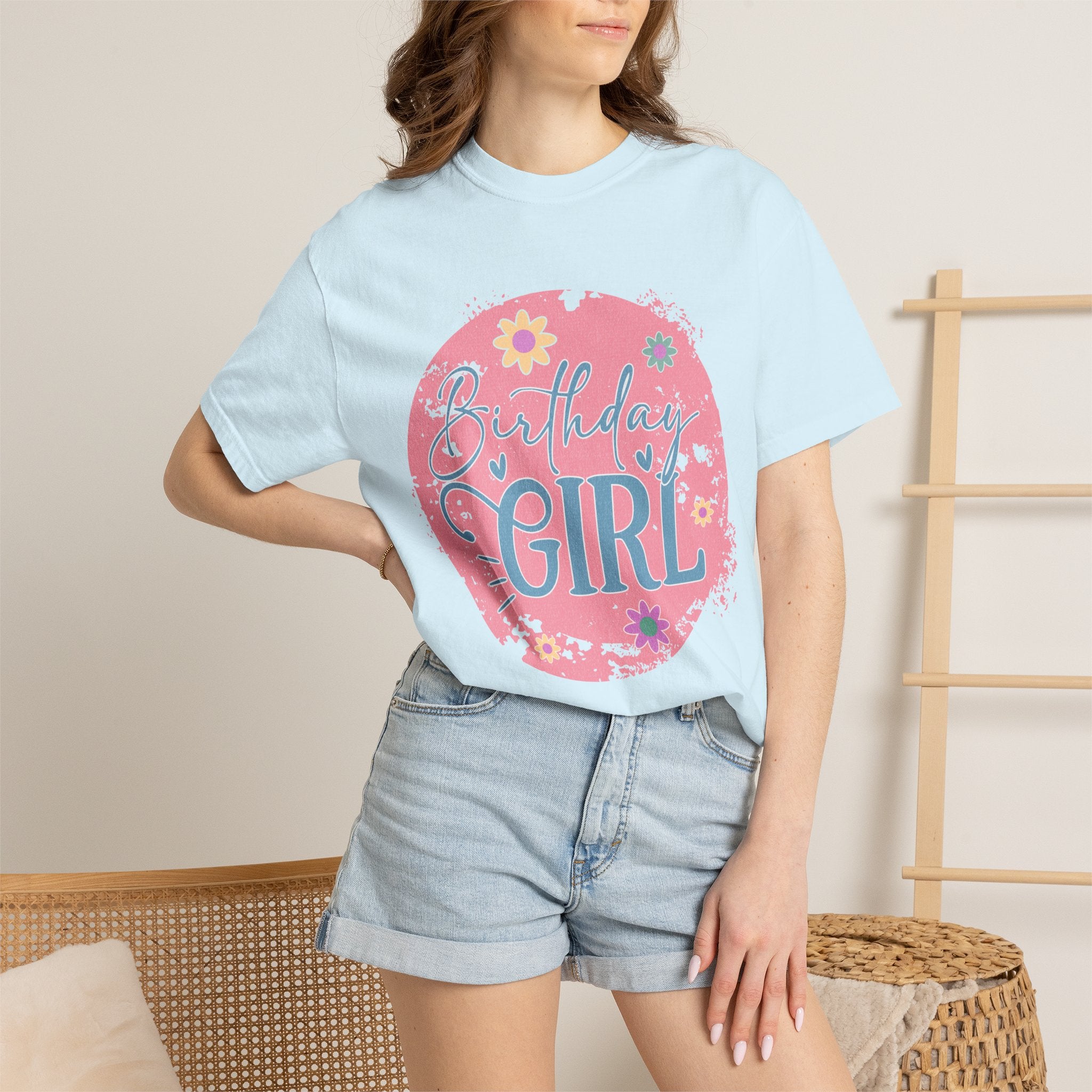 Birthday Girl Textured T-Shirt — Floral Pink Celebration Tee