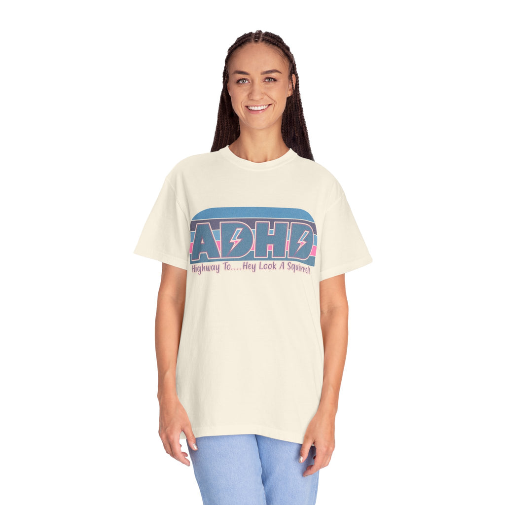 ADHD Retro Stripe T-Shirt — “Highway To… Hey Look A Squirrel!” Funny Neurodivergent Tee