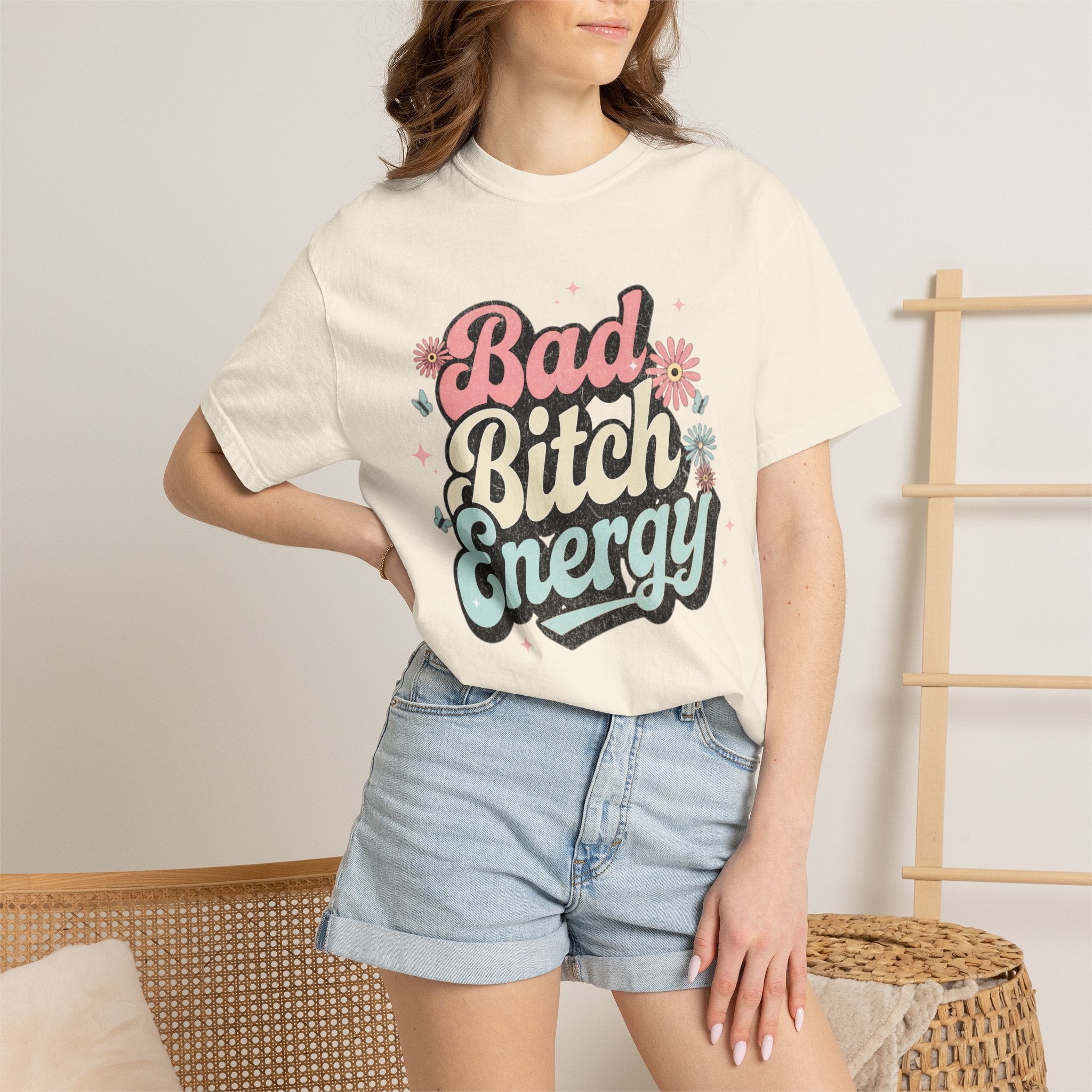 Textured Bad Bitch Energy T-shirt |Textured Retro Script Floral Graphic