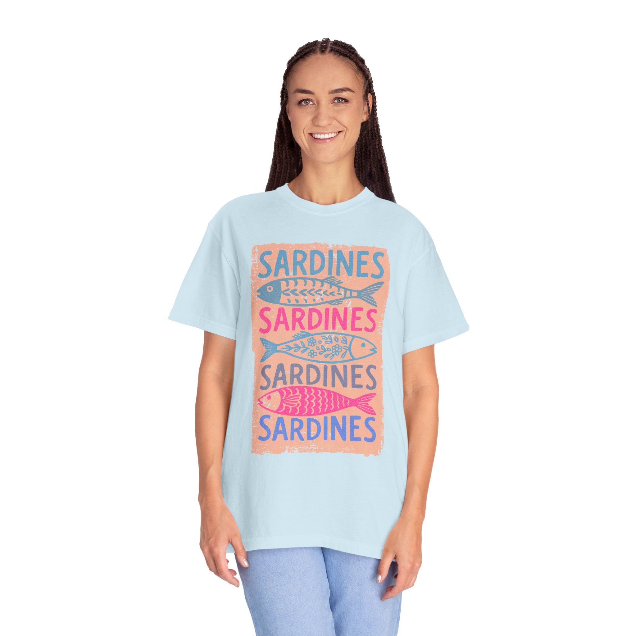 Sardines Textured Graphic T-Shirt — Retro Fish Print Tee