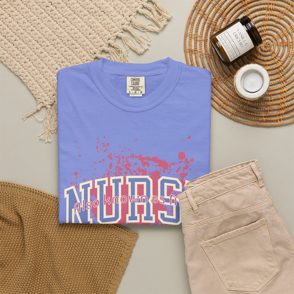 Nurse Also Known As Mom Textured T‑Shirt — Retro Collegiate Text with Paint Splatter