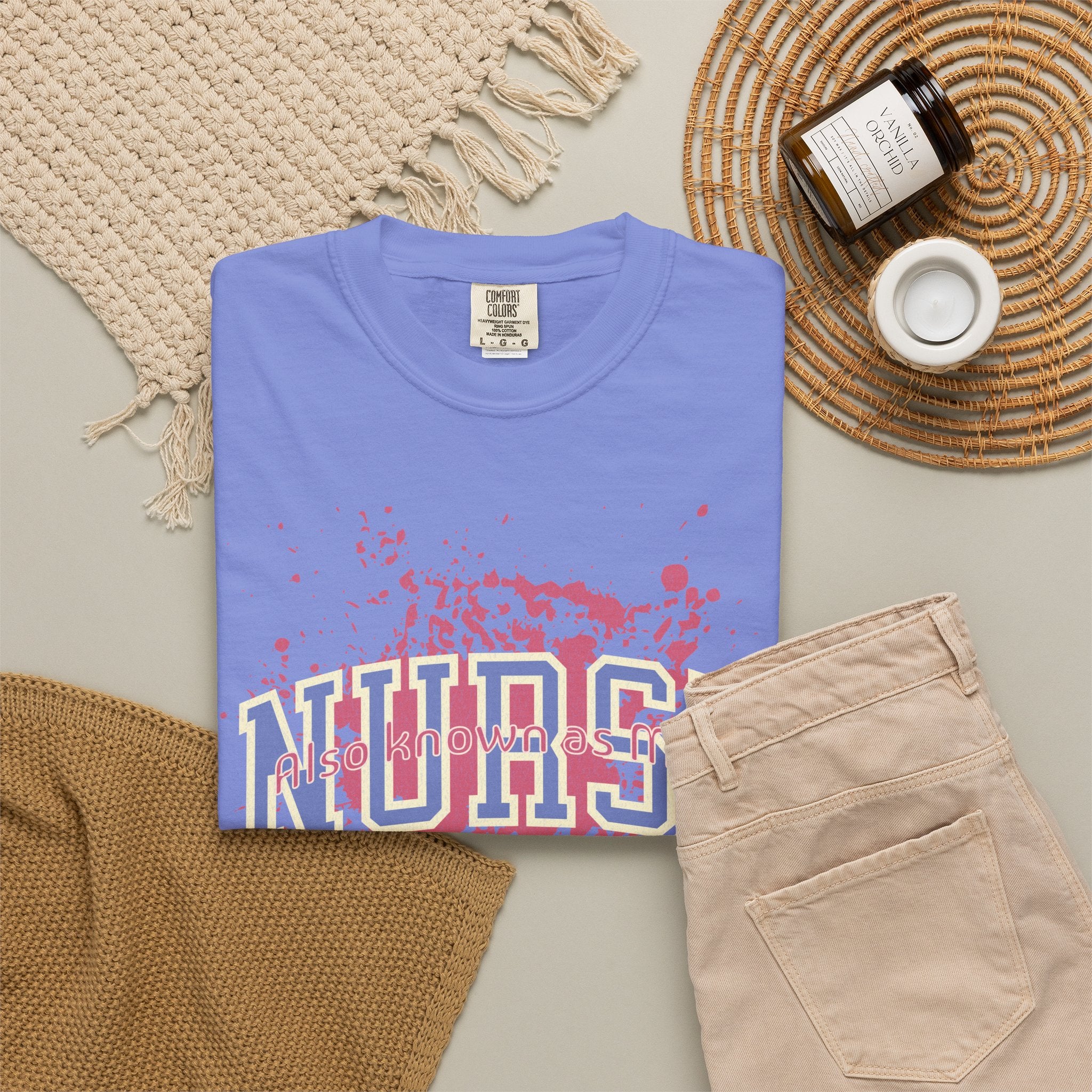 Nurse Also Known As Mom Textured T‑Shirt — Retro Collegiate Text with Paint Splatter