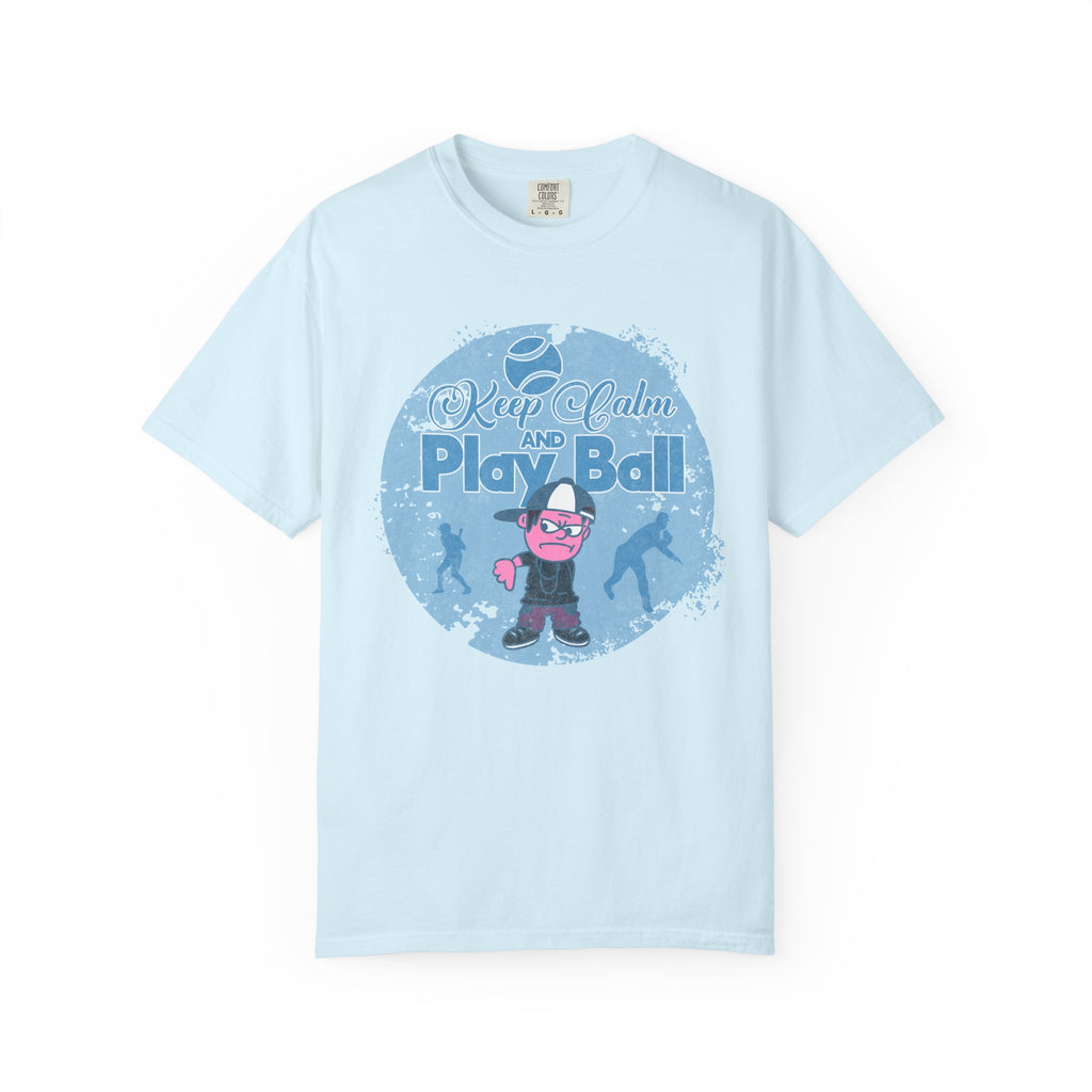 Textured Keep Calm and Play Ball Baseball T-Shirt — Cute Mascot Sports Tee for Kids & Fans