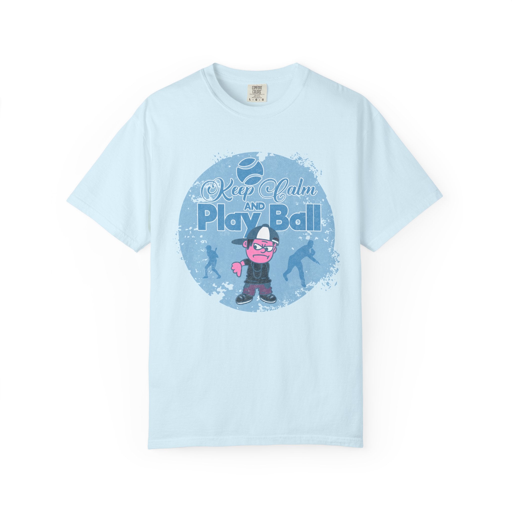 Textured Keep Calm and Play Ball Baseball T-Shirt — Cute Mascot Sports Tee for Kids & Fans