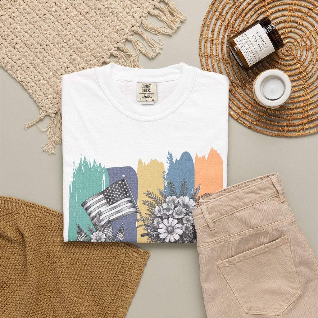Textured Vintage Bicycle T-Shirt — Floral Basket & American Flag Graphic