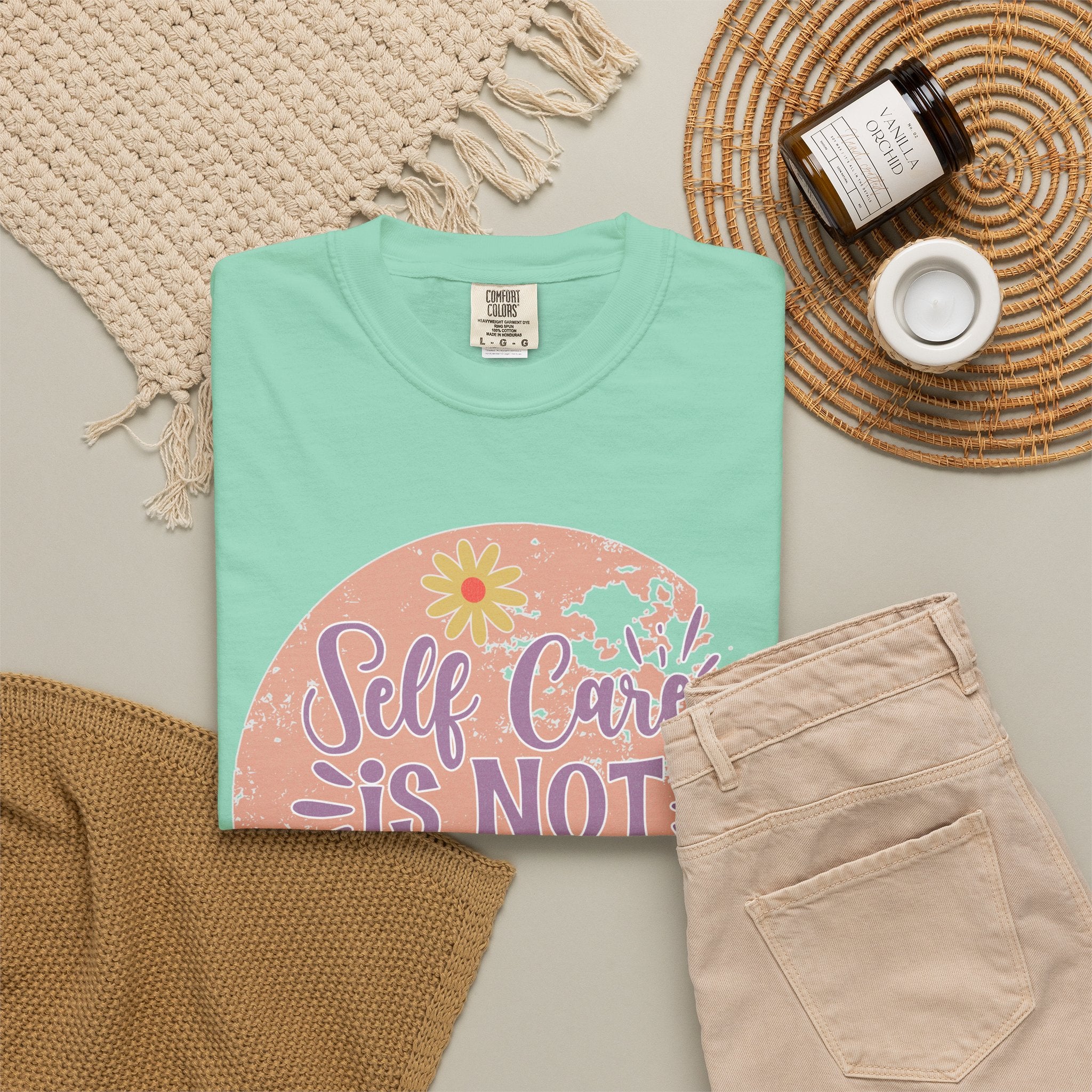Self Care Is Not Selfish Texture  T-Shirt — Floral Mental Health Awareness Tee
