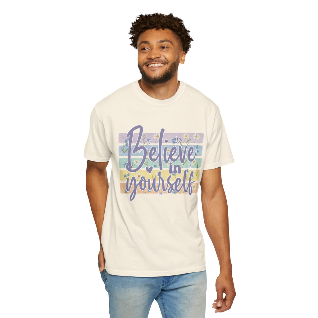 Textured Believe in Yourself T‑Shirt — Pastel Stripes Inspirational Tee