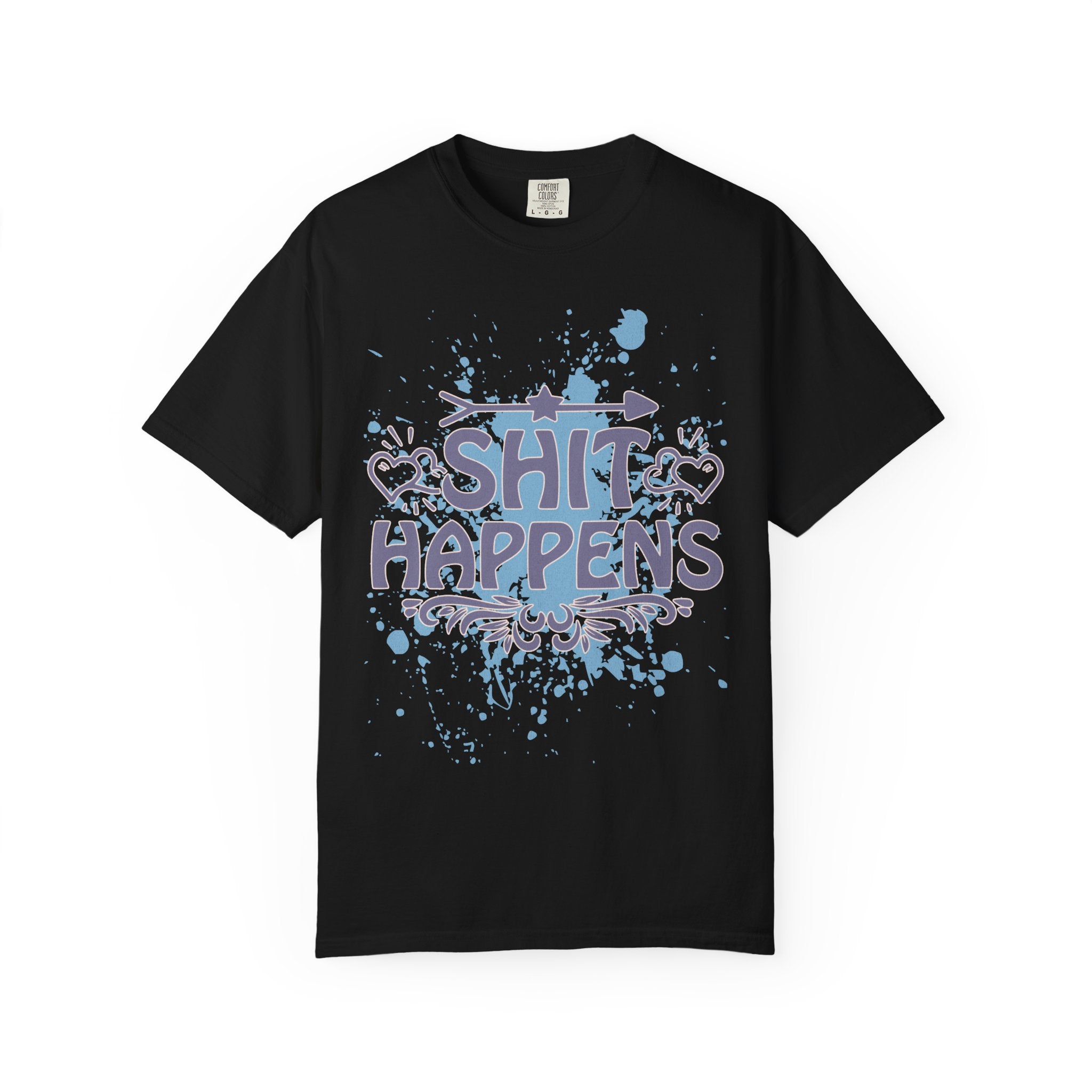 Shit Happens Graphic T-Shirt — Casual Humorous Tee with Splatter Design