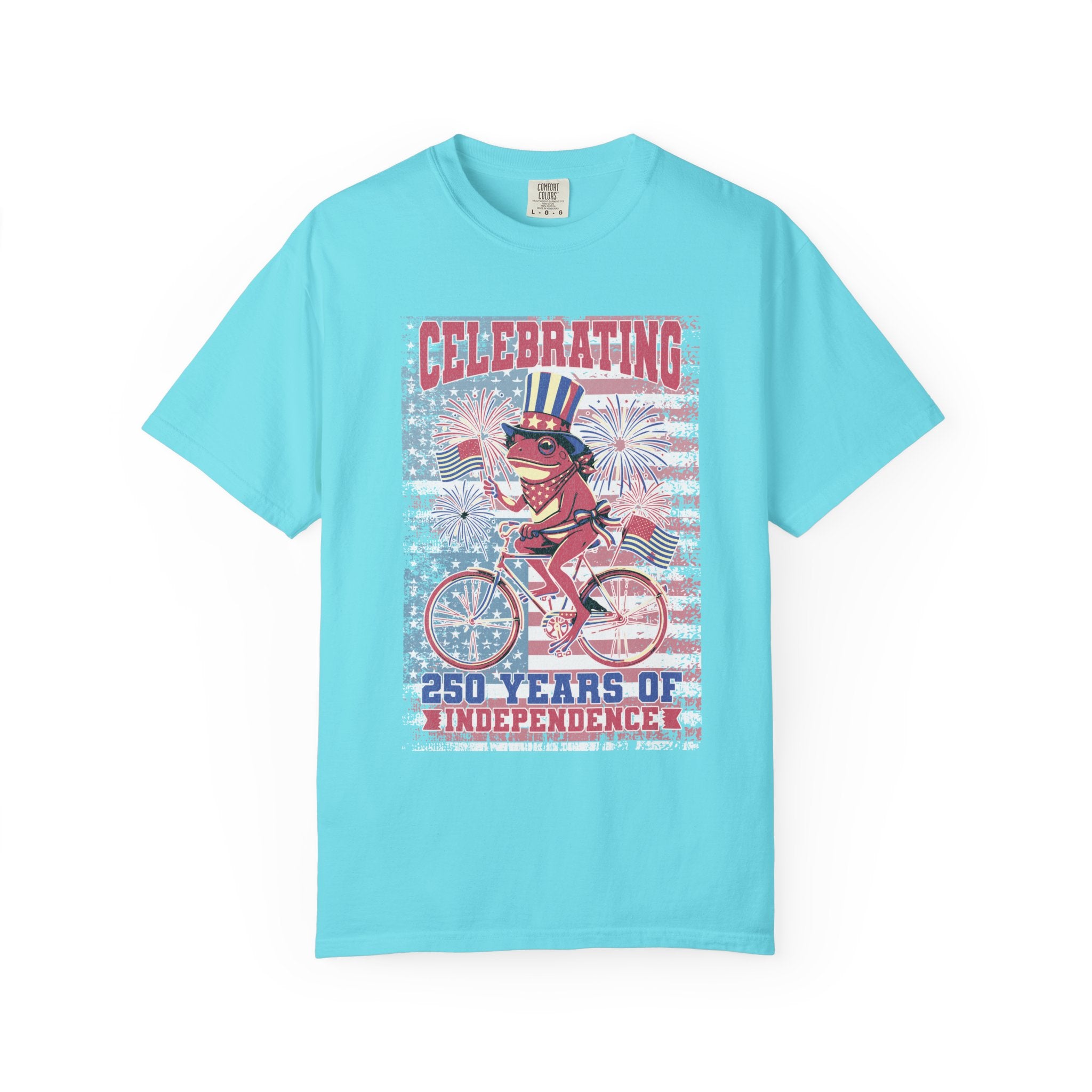 Textured Independence Day Dog on Bike T-Shirt — "Celebrating 250 Years of Independence" Patriotic Tee