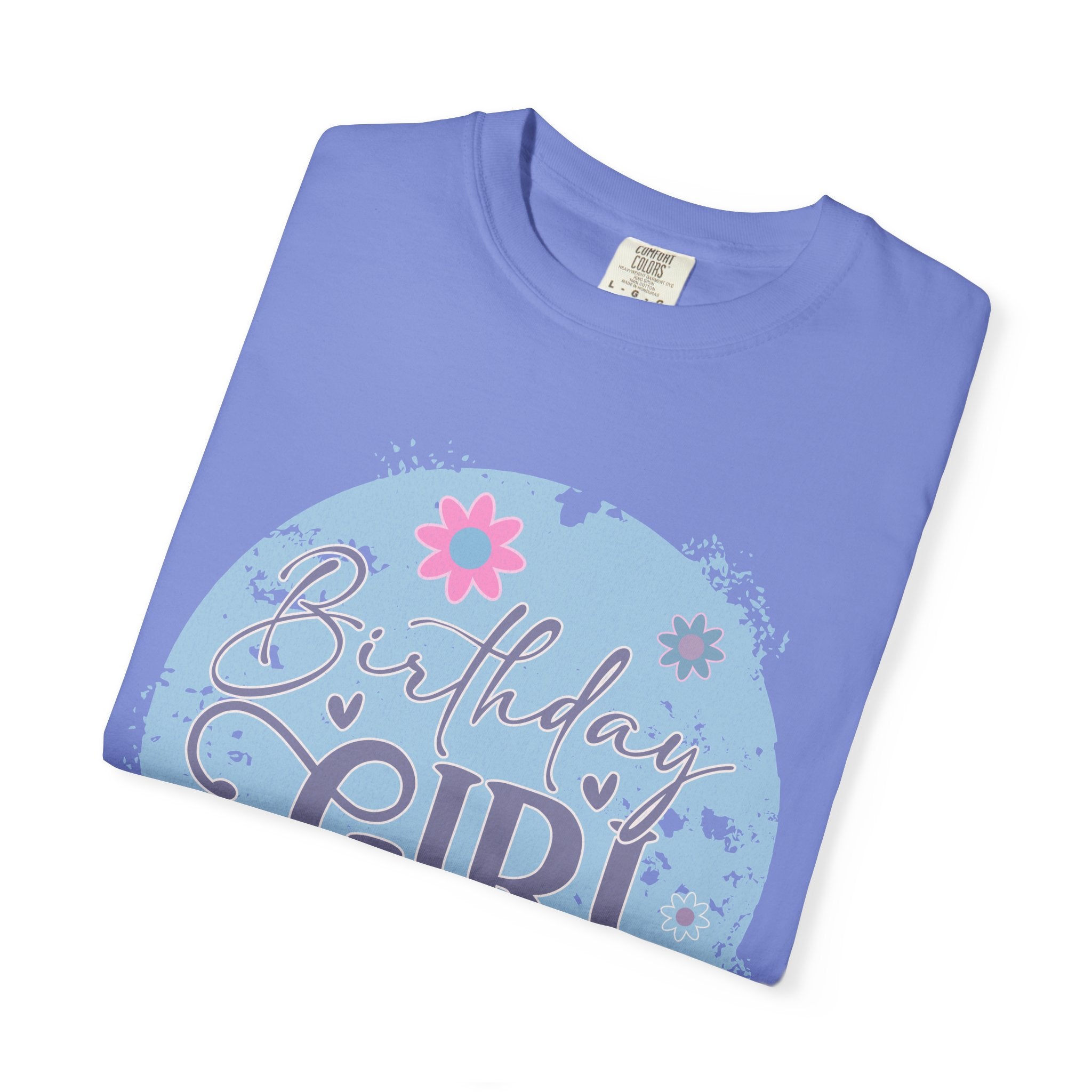 Birthday Girl Textured T-Shirt — Floral Blue Circle Graphic