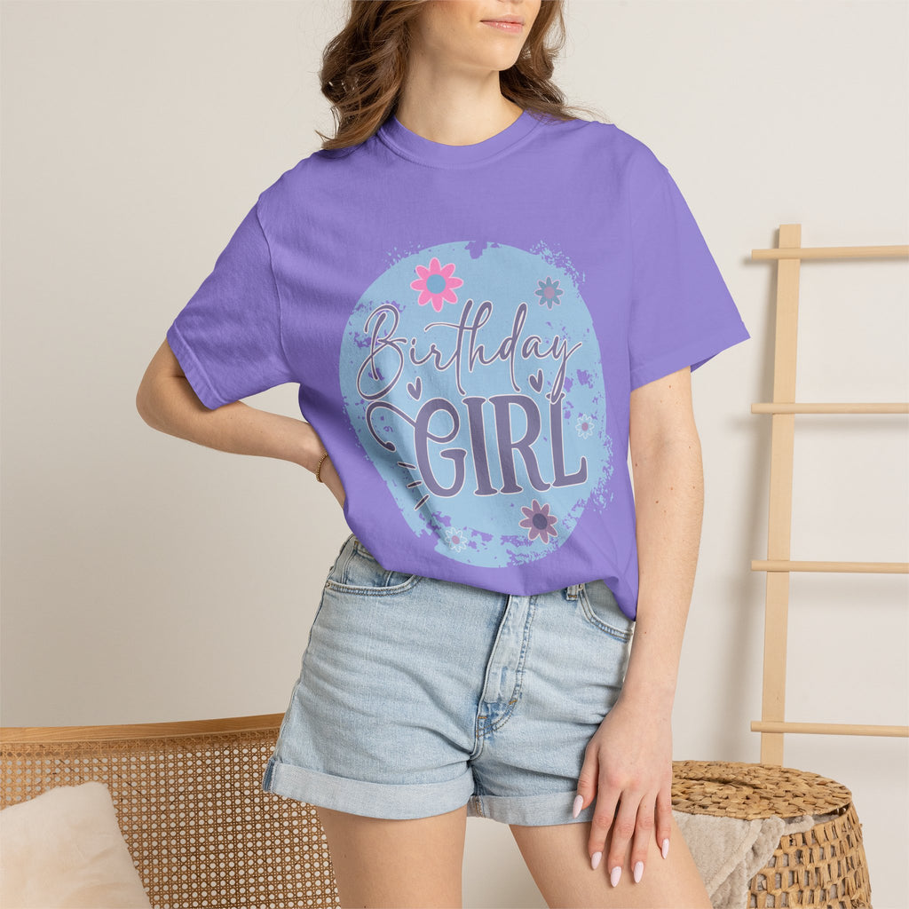 Birthday Girl Textured T-Shirt — Floral Blue Circle Graphic