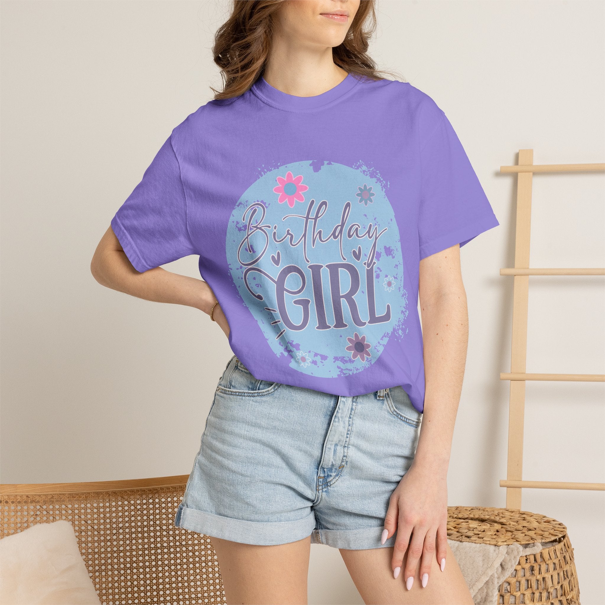 Birthday Girl Textured T-Shirt — Floral Blue Circle Graphic