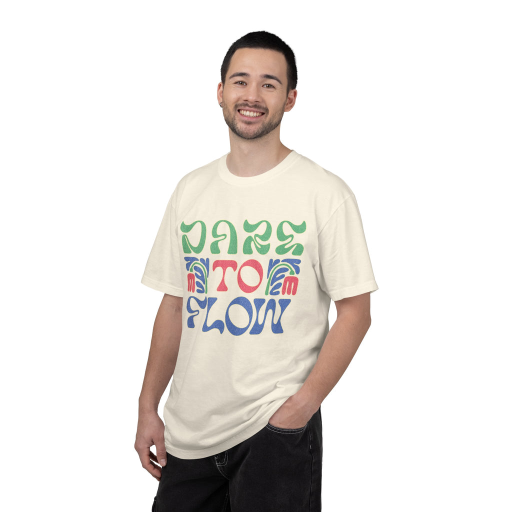 Dare To Flow T-Shirt | Textured Retro Groovy Typography, Colorful Wave Design
