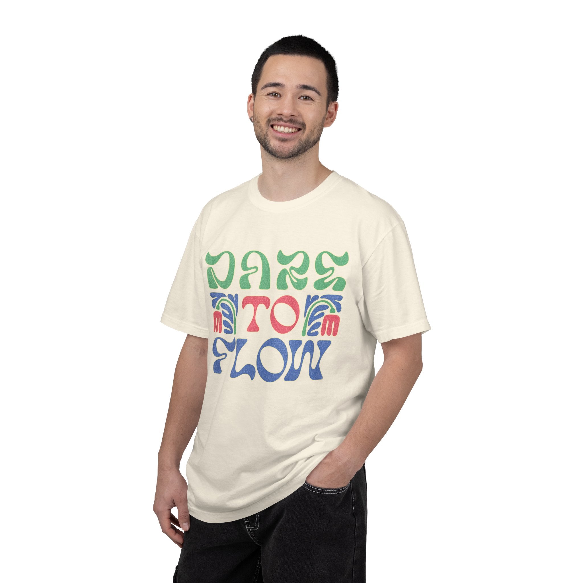 Dare To Flow T-Shirt | Textured Retro Groovy Typography, Colorful Wave Design