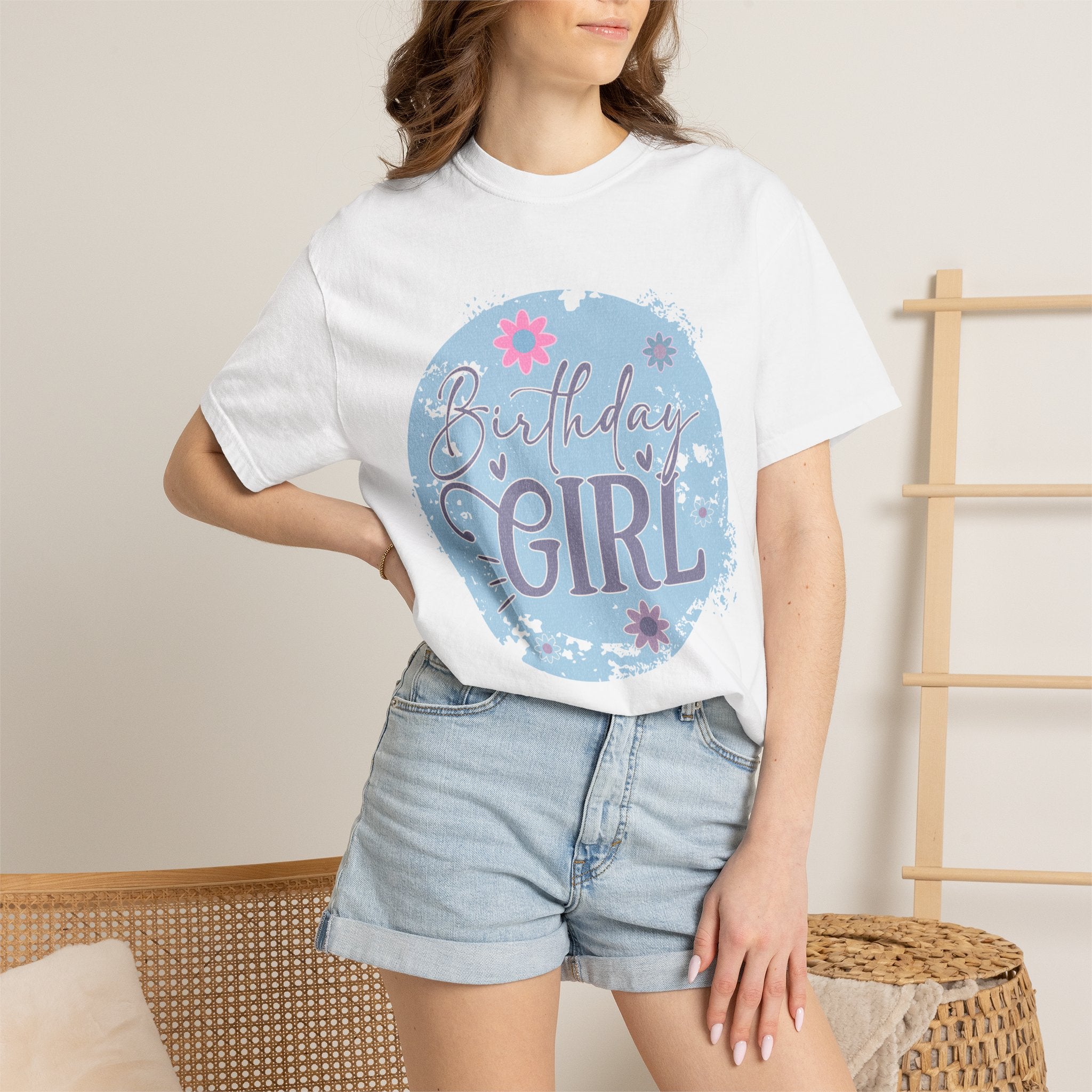 Birthday Girl Textured T-Shirt — Floral Blue Circle Graphic