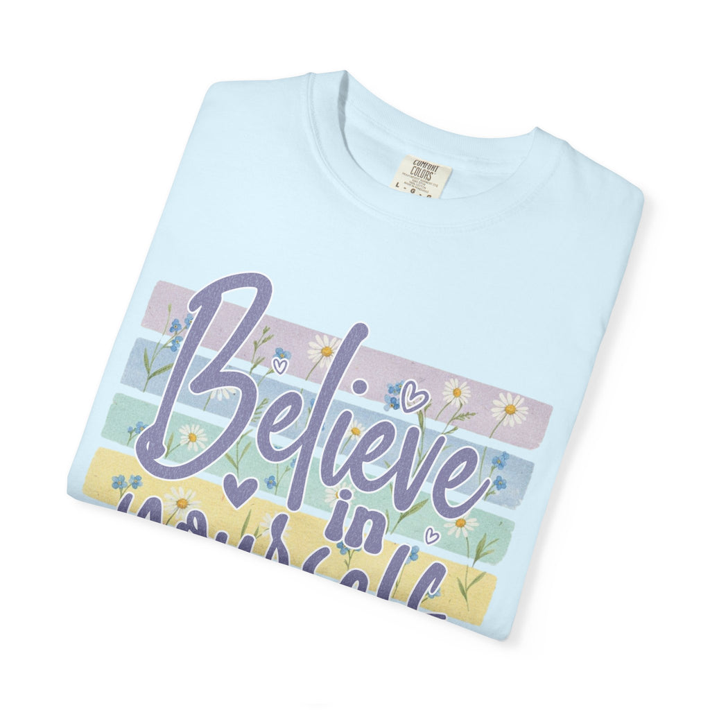 Textured Believe in Yourself T‑Shirt — Pastel Stripes Inspirational Tee