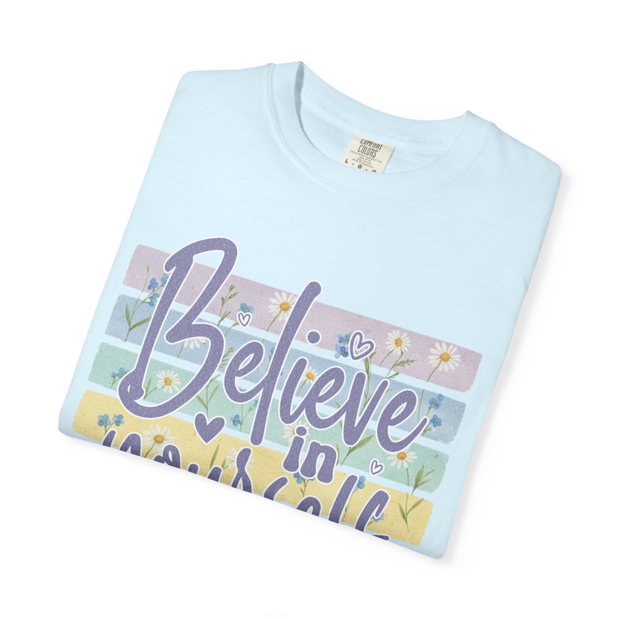 Textured Believe in Yourself T‑Shirt — Pastel Stripes Inspirational Tee