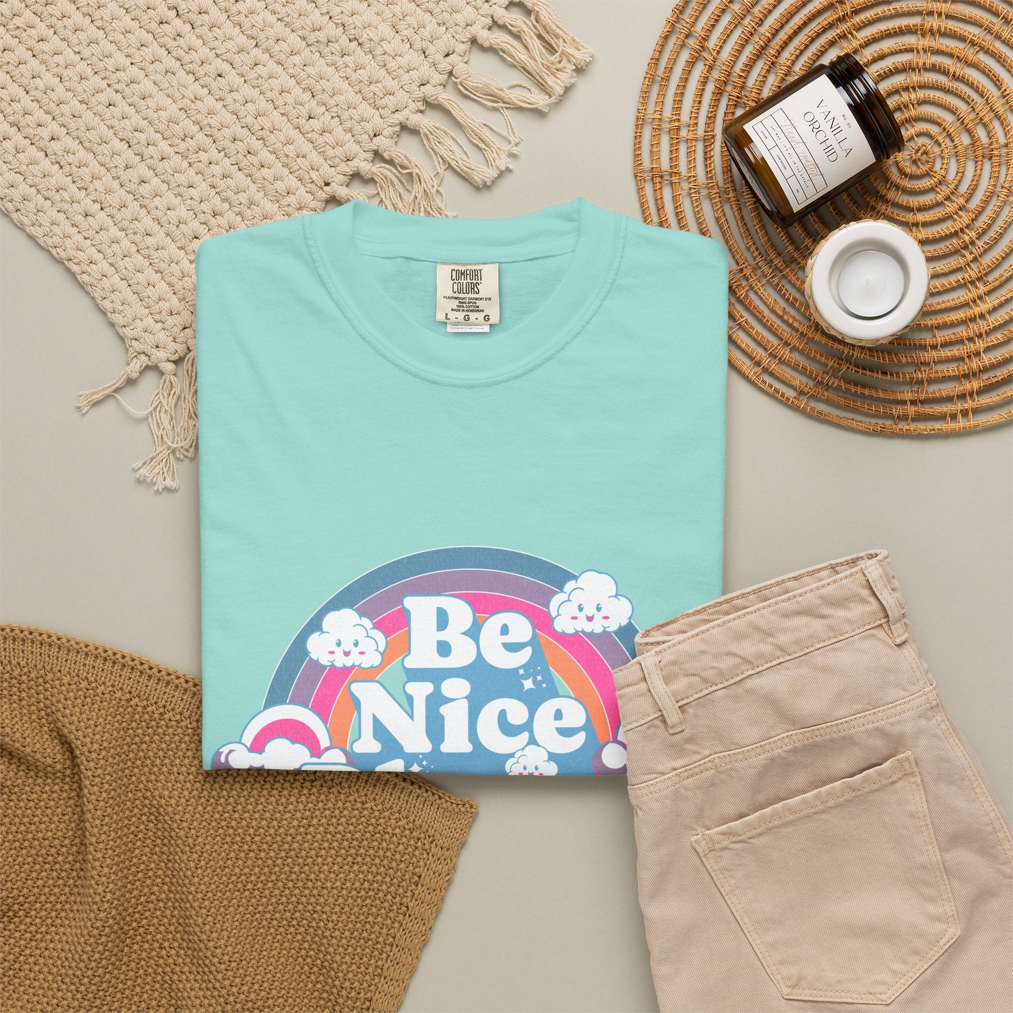 Be Nice Please Textured T-Shirt — Retro Rainbow Positive Message Tee