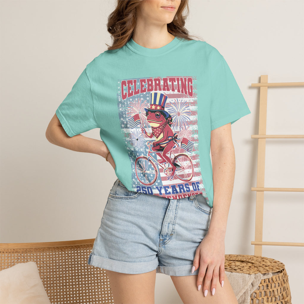 Textured Independence Day Dog on Bike T-Shirt — "Celebrating 250 Years of Independence" Patriotic Tee